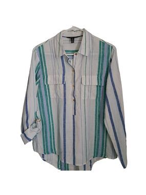 ELLEN TRACY Linen tunic blouse STRIPED coastal beachy lightweight long sleeve M